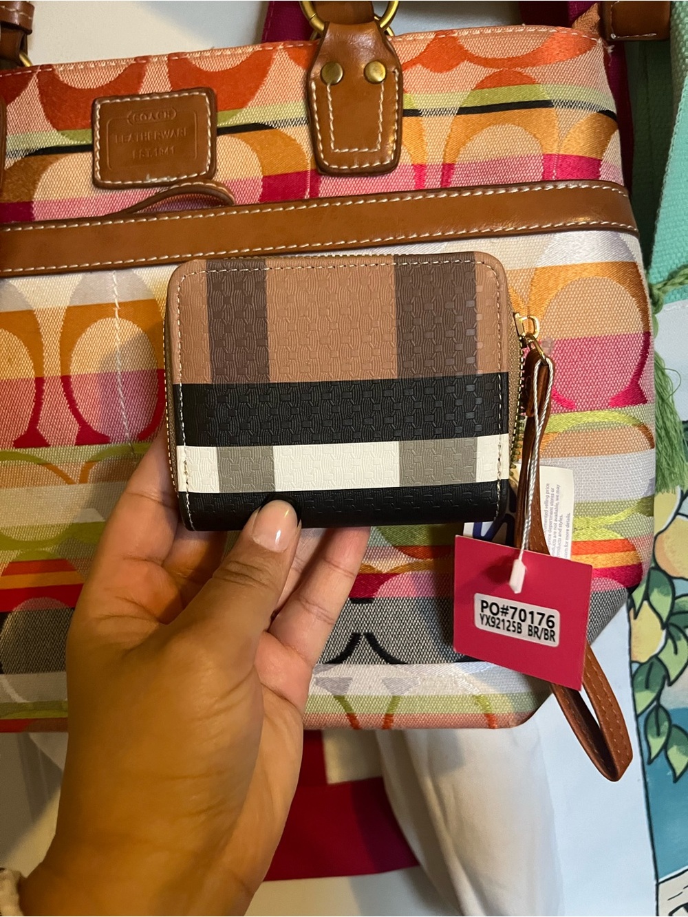 Coach Colorblock Zip Around Wristlet Wallet in Brown, Black, White